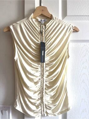 Fashion Nova Sleeveless Ruched Front Mock Neck Top in Cream